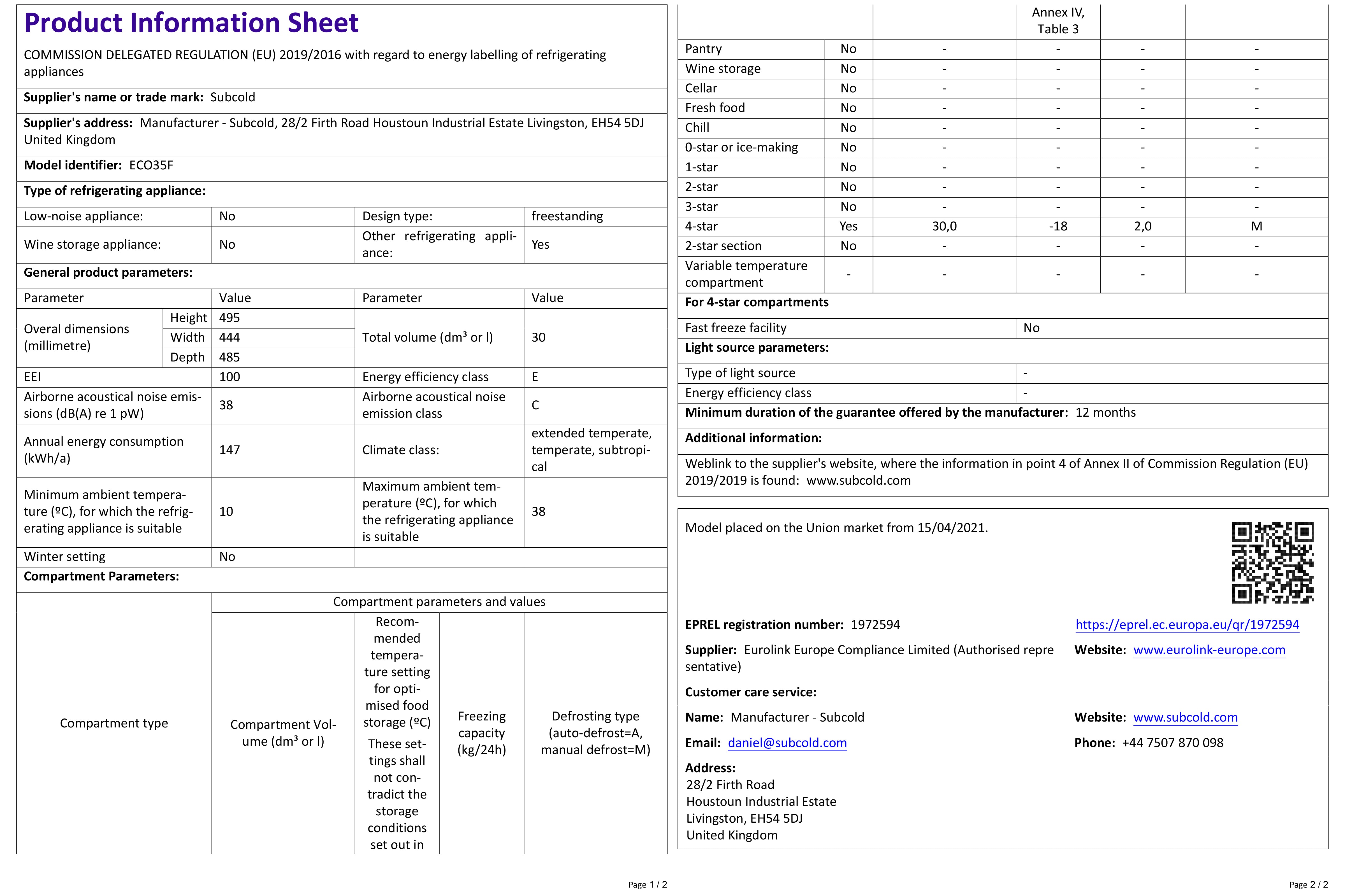 Subcold ECO35F Mini Freezer White