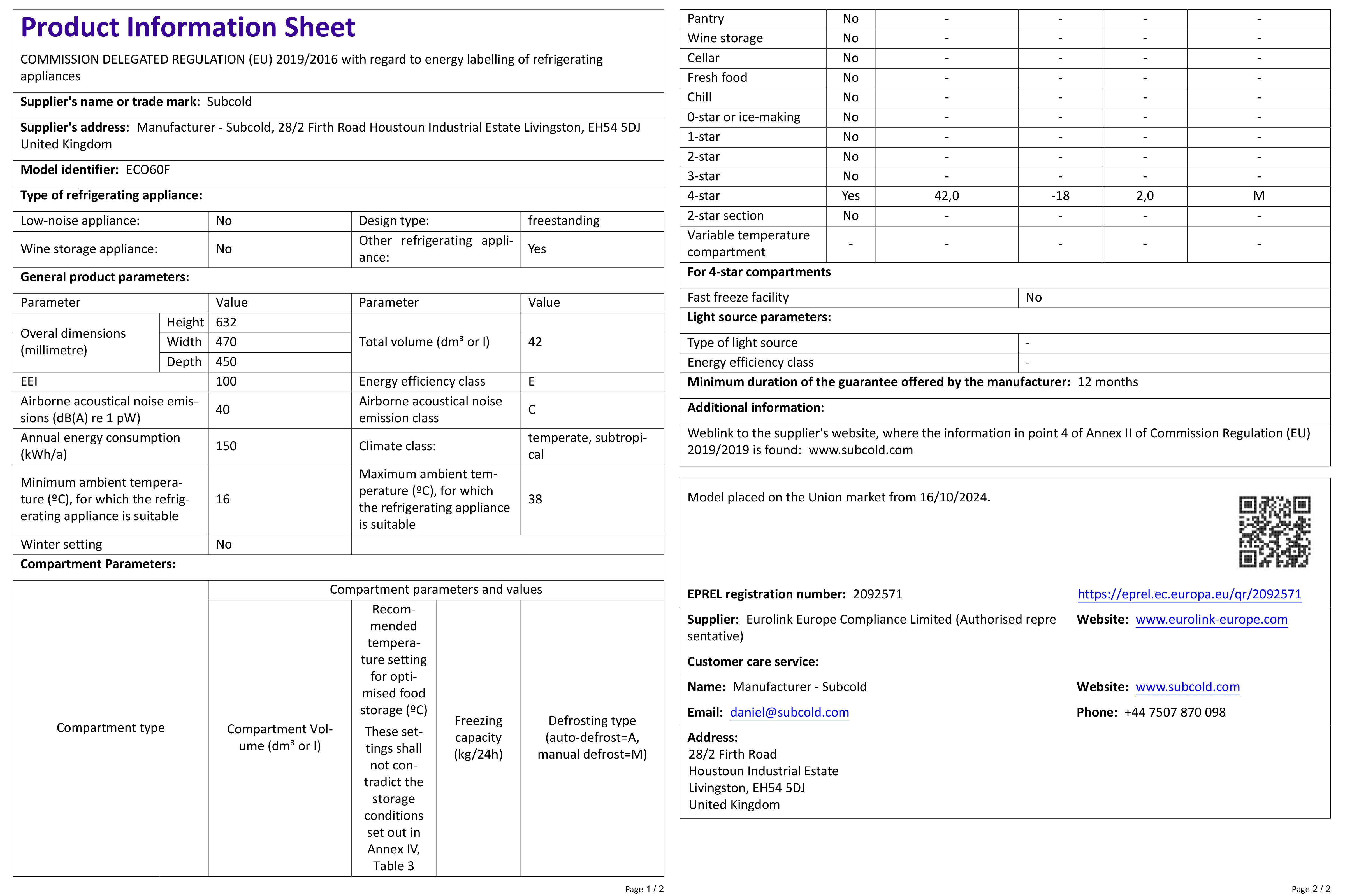 Subcold ECO60F Freezer White