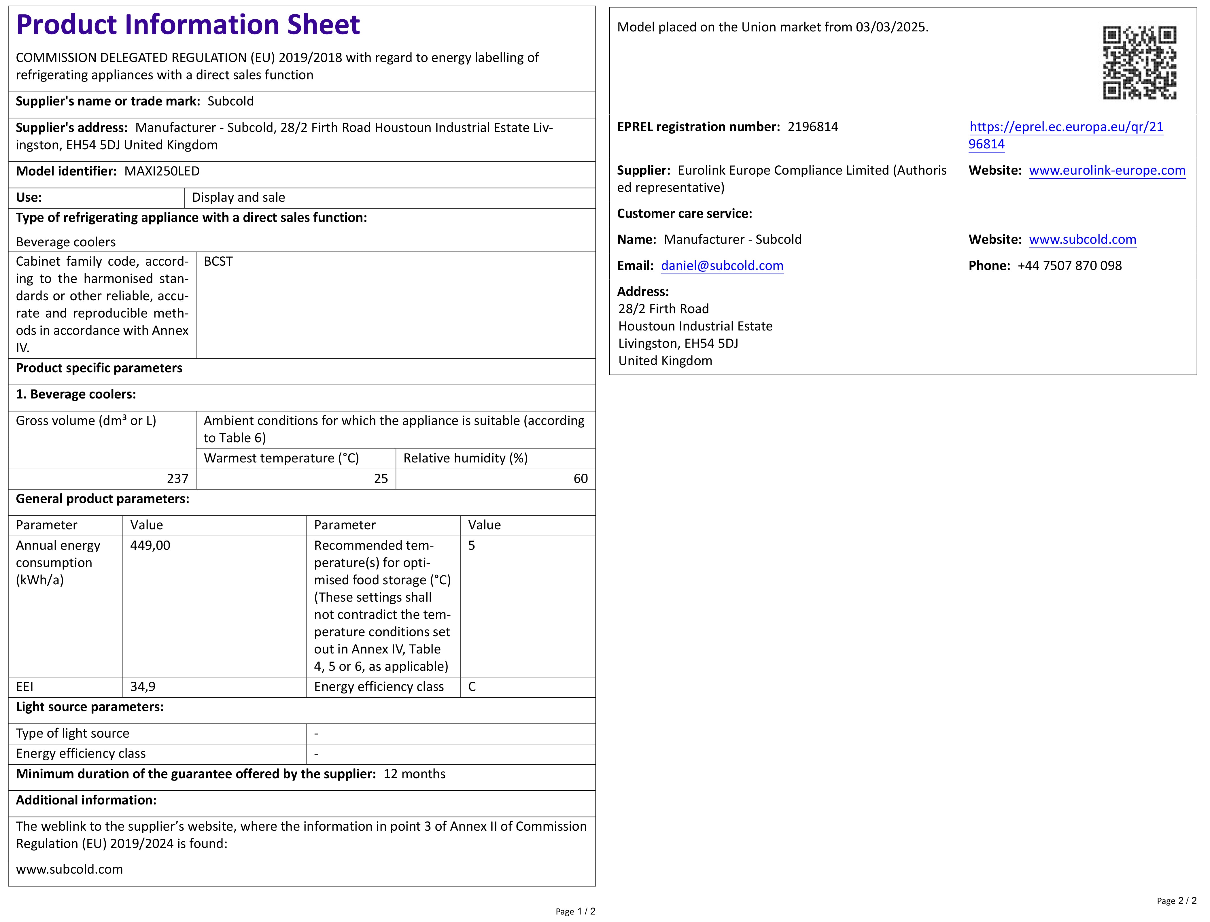 Subcold Maxi250 Beer Fridge Stainless Steel